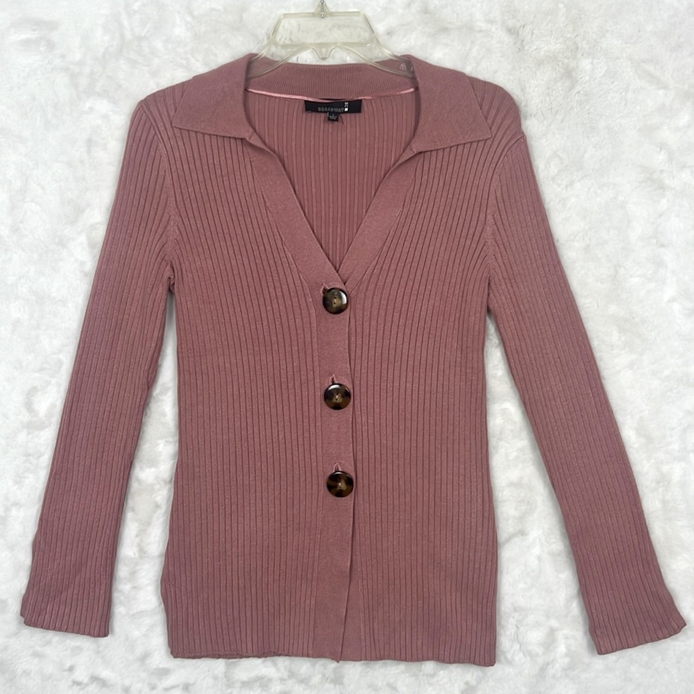 Broadway Ribbed Knit Cardigan Sweater Pink sz. S collared V-neckline Button down